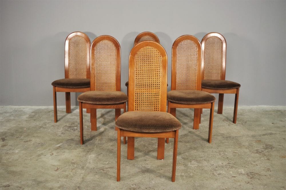6 sedie in faggio con schienale in paglia di Vienna e seduta imbottita,  anni '70 • Vendita Online Antiquariato, Modernariato e Design • NowArc